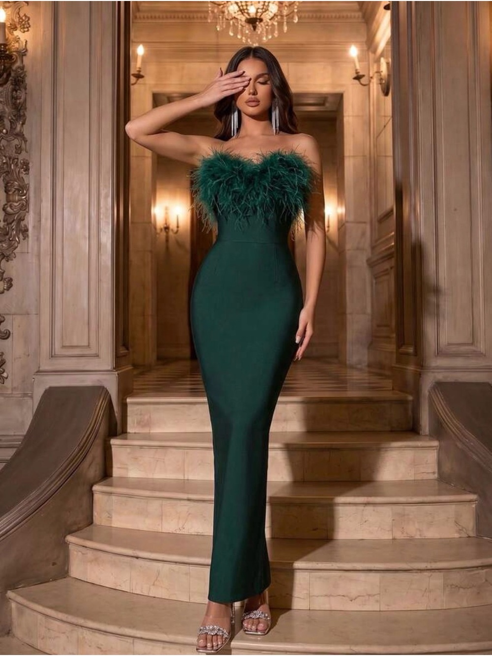 Strapless Feather-Trim Evening Gown in Emerald Green